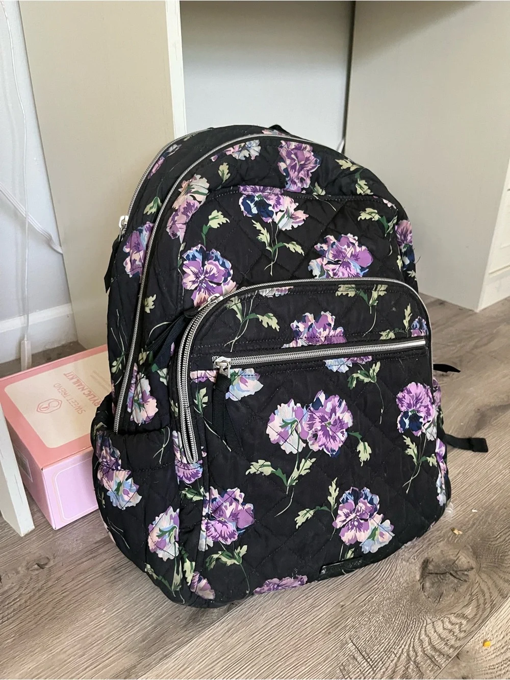 Vera Bradley Quilted Floral Backpack - Black with Purple Flowers | Has small rip